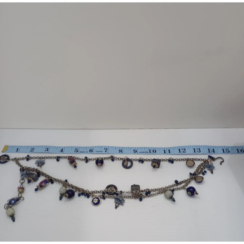 Treska Multi Strand Blue Glass Charm Necklace Silver Tone Signed